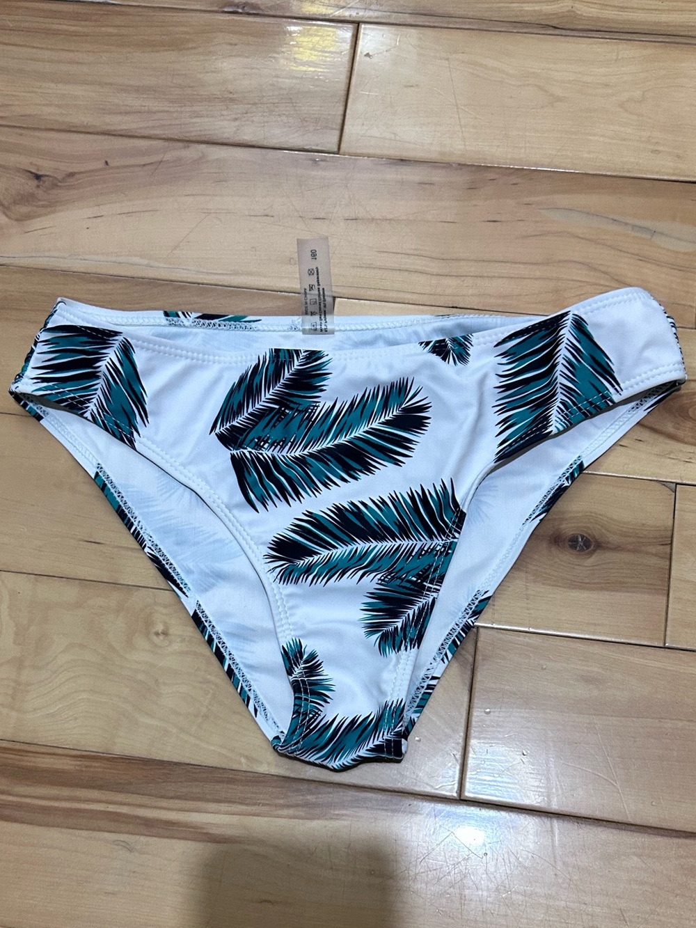 Women’s White Bikini Bottom with Teal Palm Print